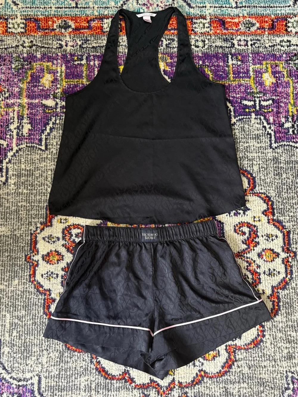 Victoria’s Secret Black Satin Jacquard Pajama Set Tank Shorts Small VS Logo